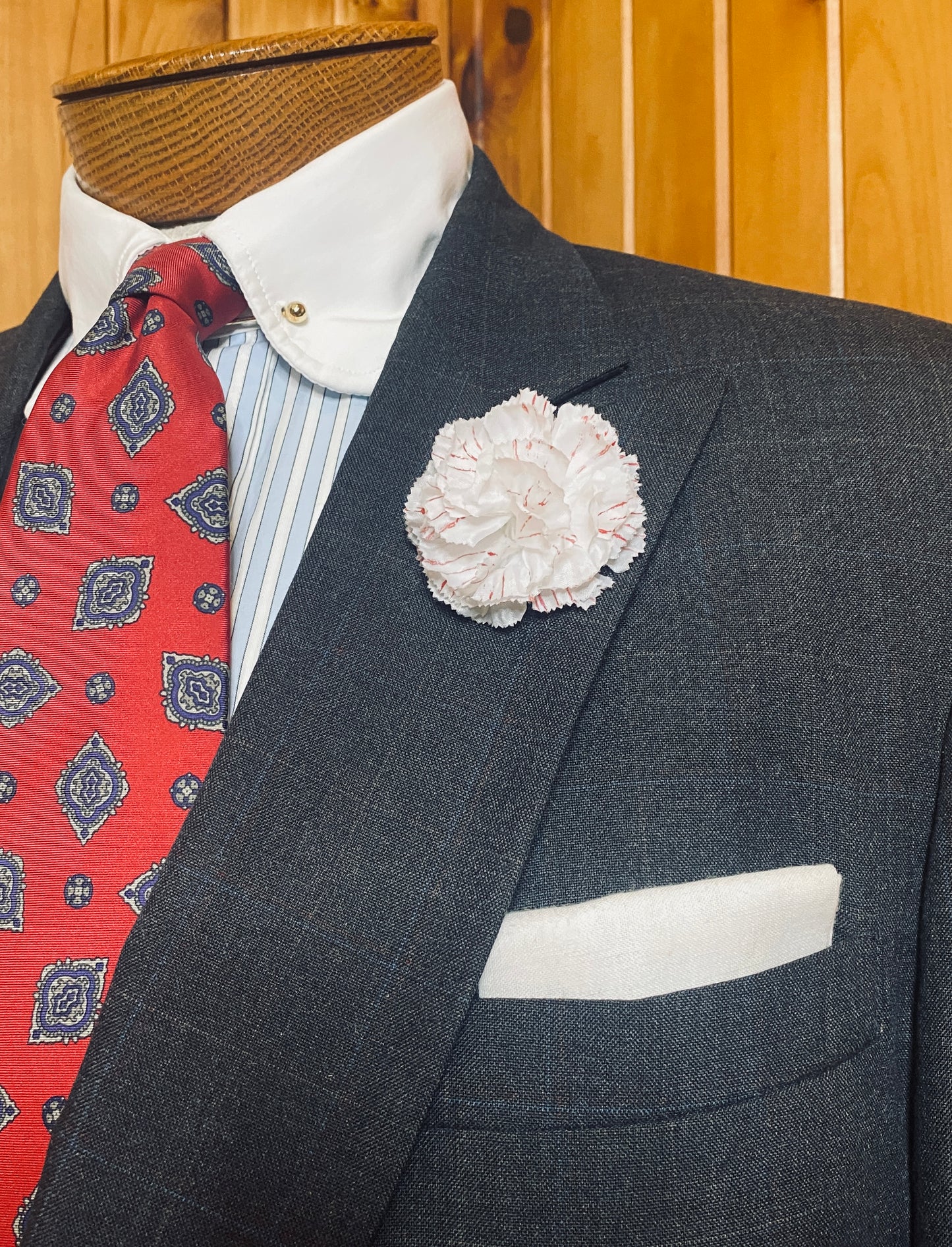 White/Red Striped Carnation Boutonnière